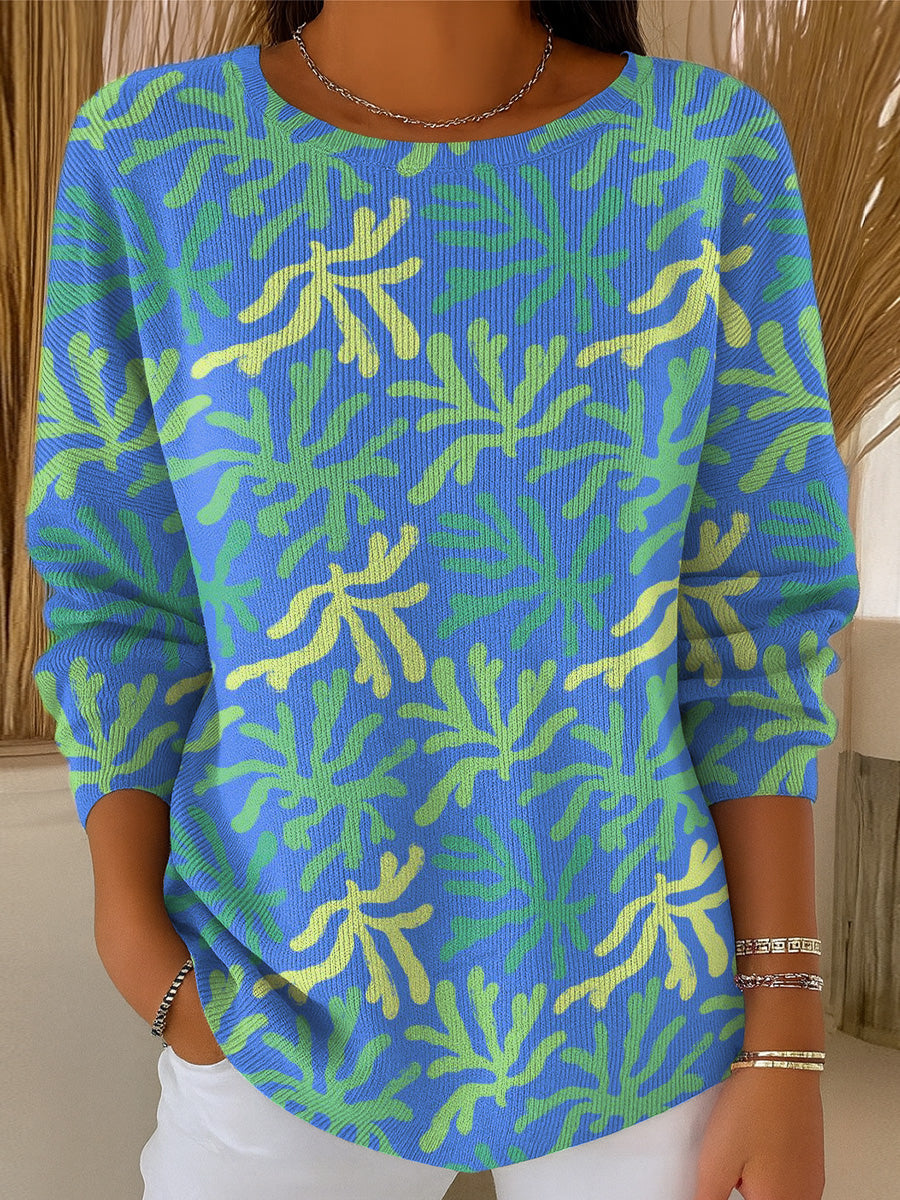 womens-multicolored-seaweed-print-casual-pullover-sweater