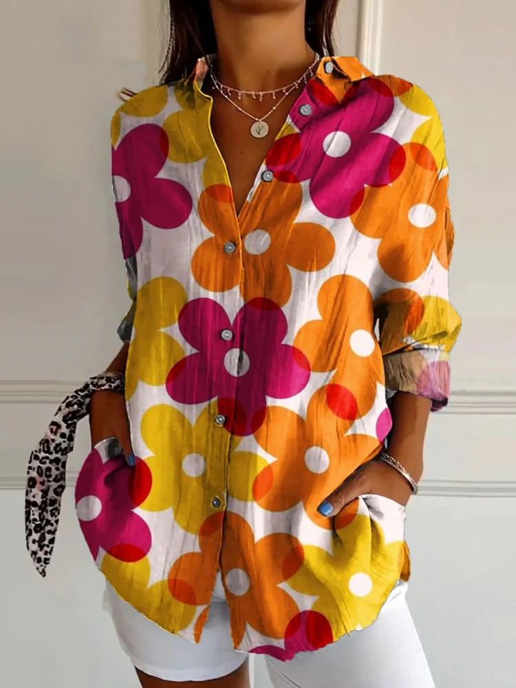 Women's Orange Flowers Print Casual Cotton Shirt