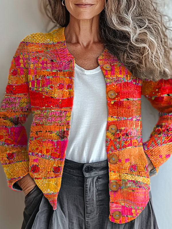 Vintage Abstract Geometric Art Print Buttoned Cardigan Sweater