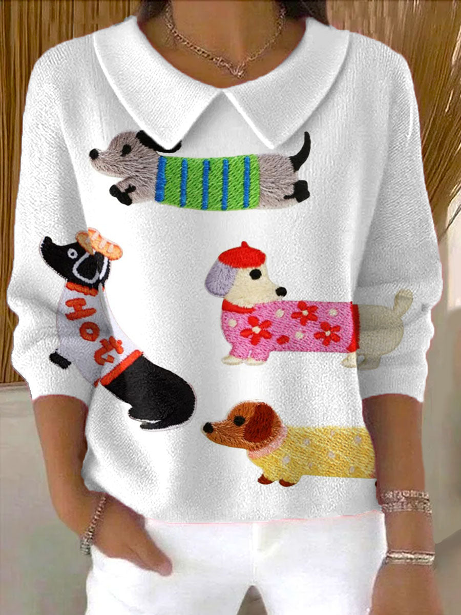 womens-vintage-dachshund-art-print-casual-peter-pan-collar-3-4-sleeve-sweater-cwq0