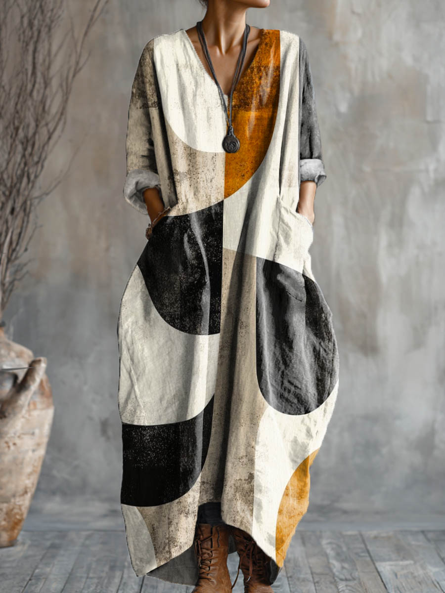 Women's Abstract Geometric Pattern Art Print Pocket V-neck Cotton Dress