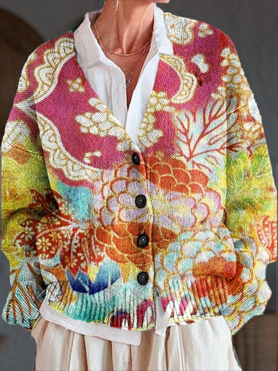 beautiful-abstract-floral-painting-art-print-buttoned-v-neck-cardigan-sweater