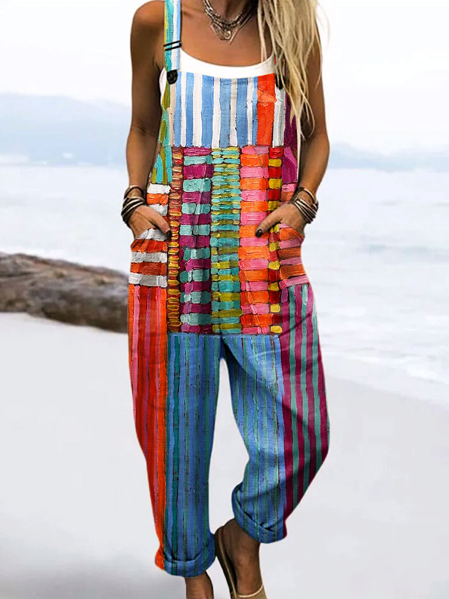 Women's Vintage Abstract Geometric Line Art Print Casual 100% Cotton Wide Leg Jumpsuit