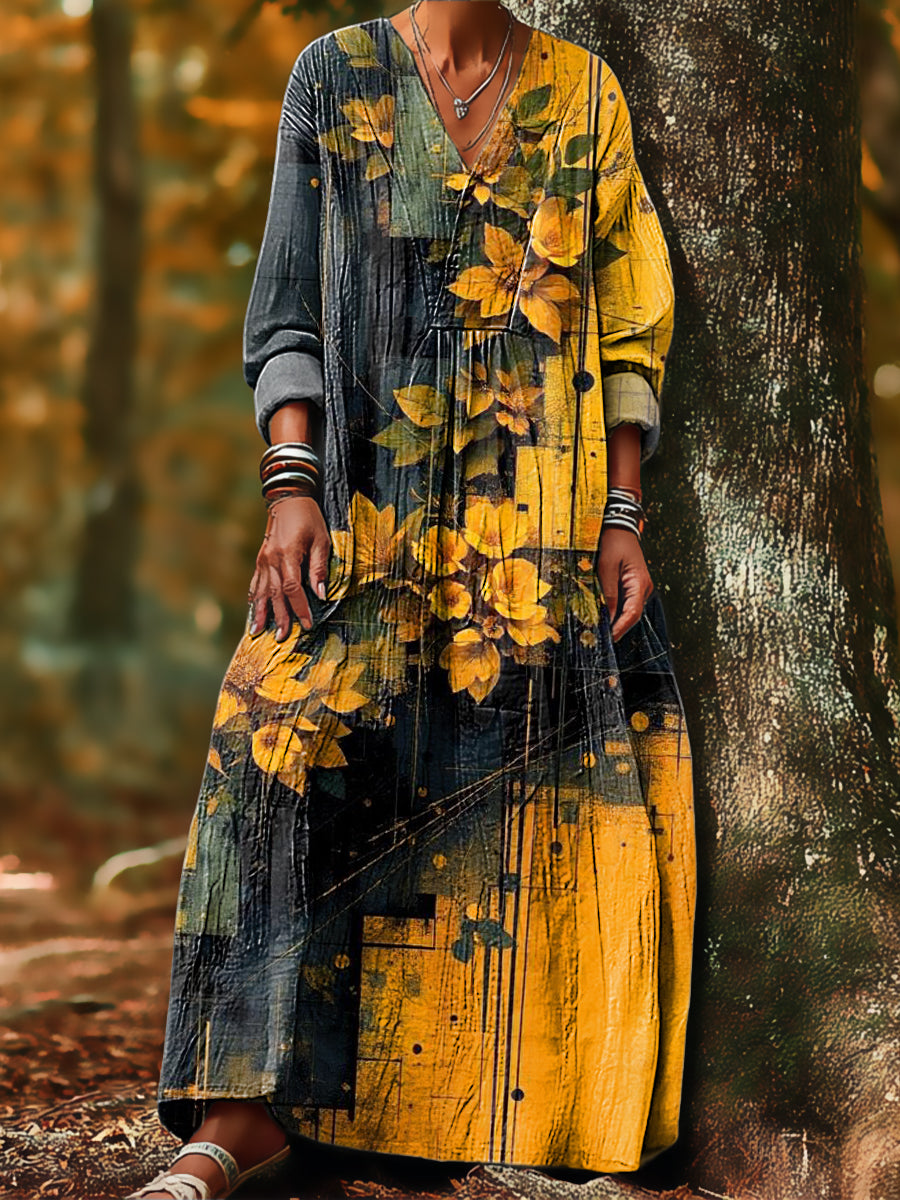 Women's Vintage Abstract Two-Tone Floral Painting Art Print Dress