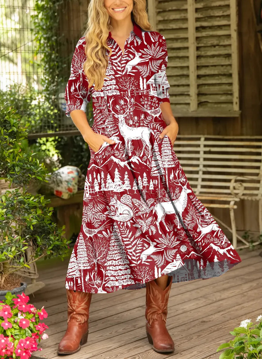 Women's Christmas Animals Pattern Art Print Casual Cotton Dress