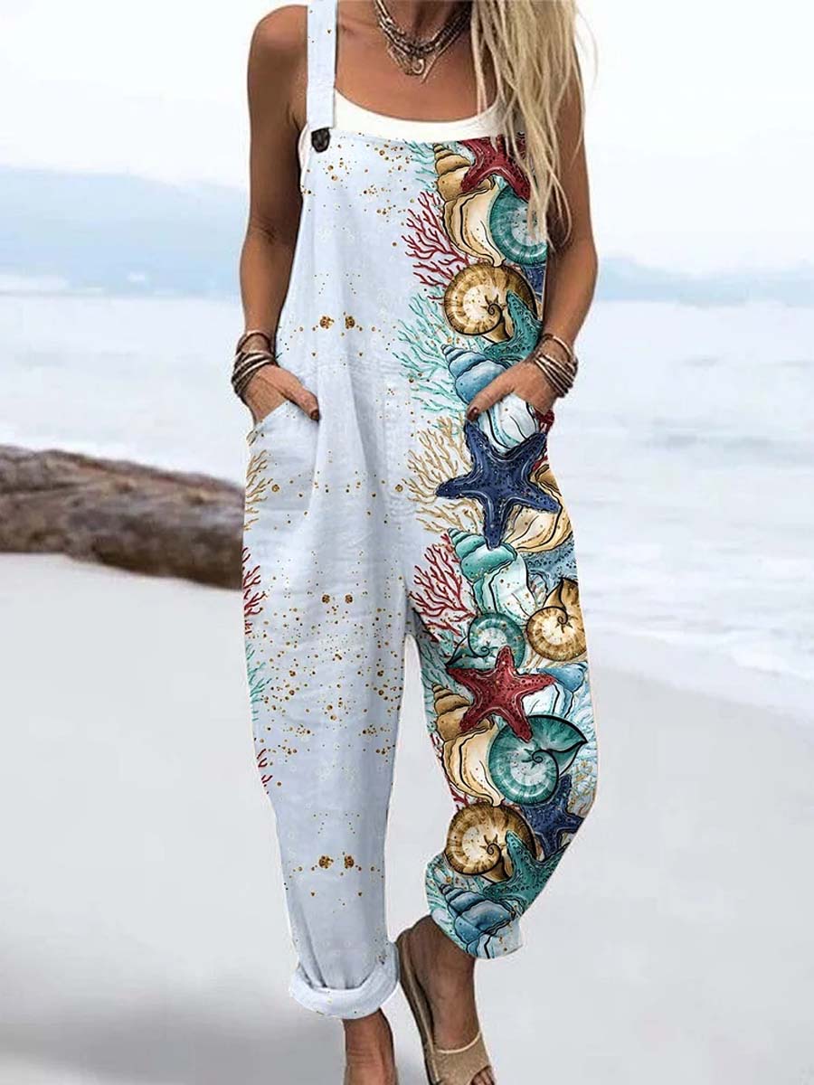 Women's Underwater World Pattern Art Print Casual 100% Cotton Wide Leg Jumpsuit