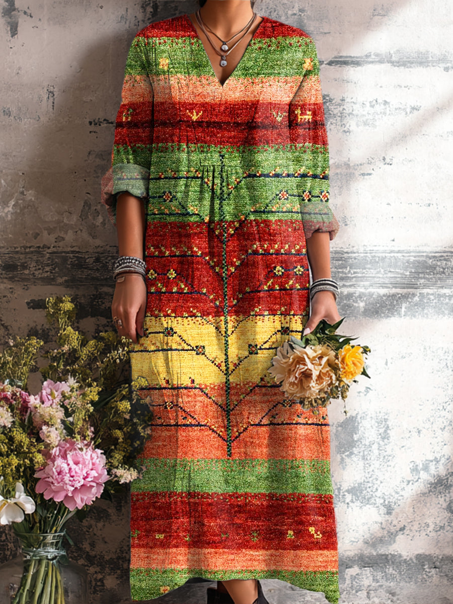 Women's Vintage Ethnic Geometric Tree Stripe Art Print Dress