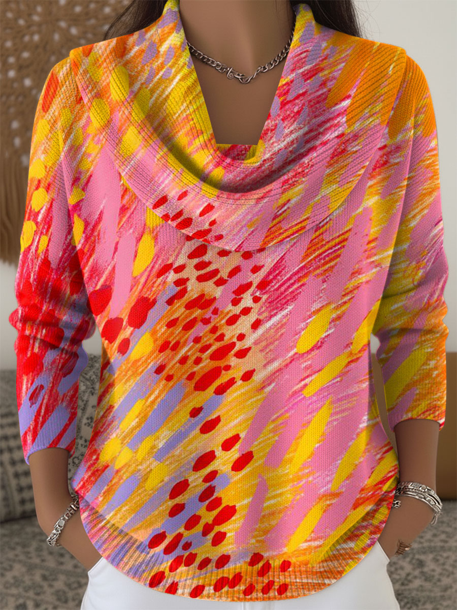 Women's Geometric Color Splicing Print Cowl Neck Sweater