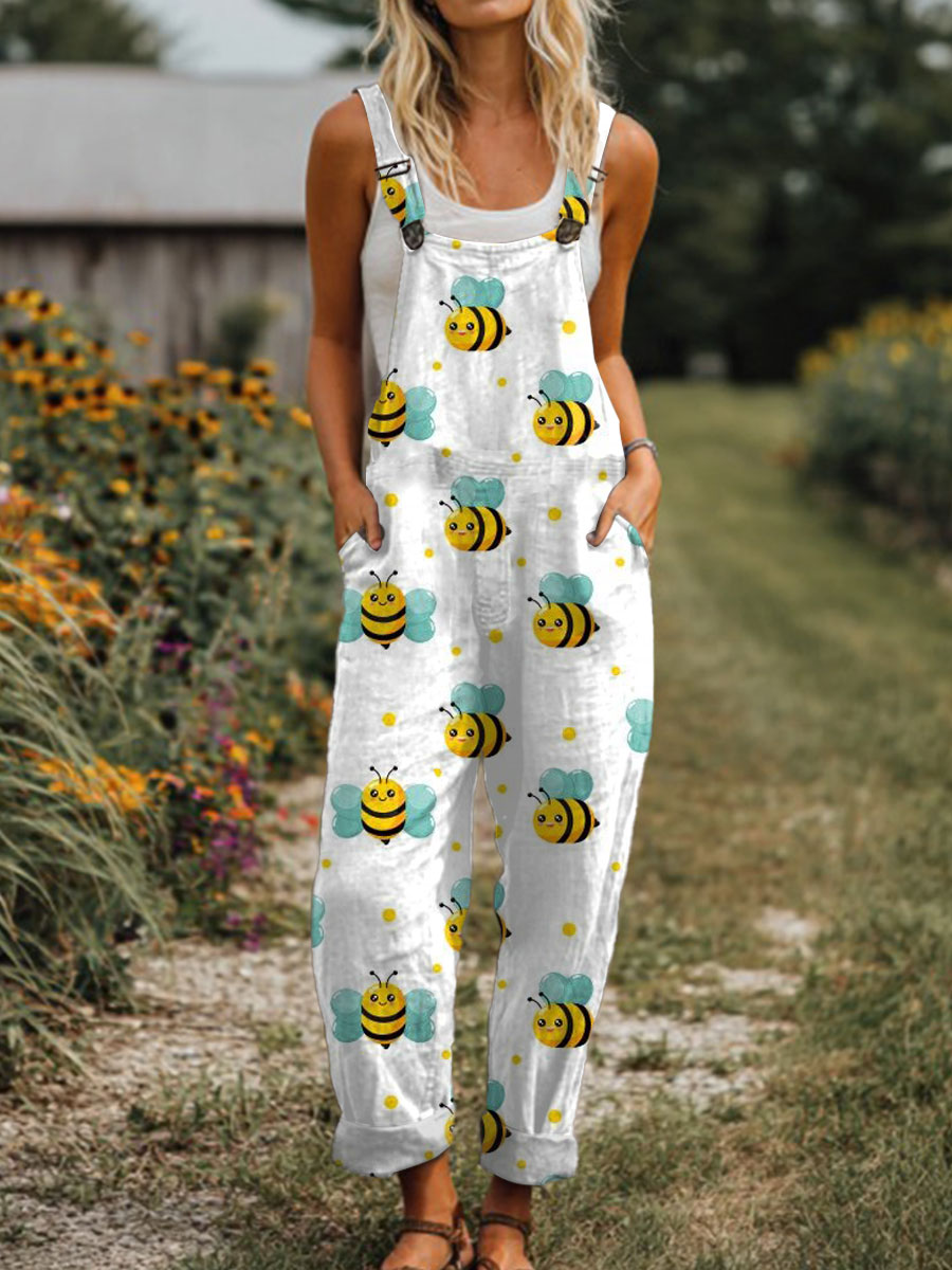 Women's  Funny Bee  Art Print Casual 100% Cotton Wide Leg Jumpsuit