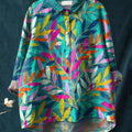 Leaves Art Printed Women's Casual Cotton And Linen Shirt
