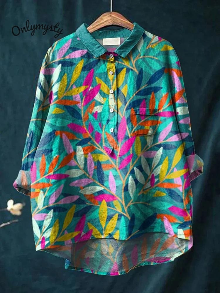 Leaves Art Printed Women's Casual Cotton And Linen Shirt
