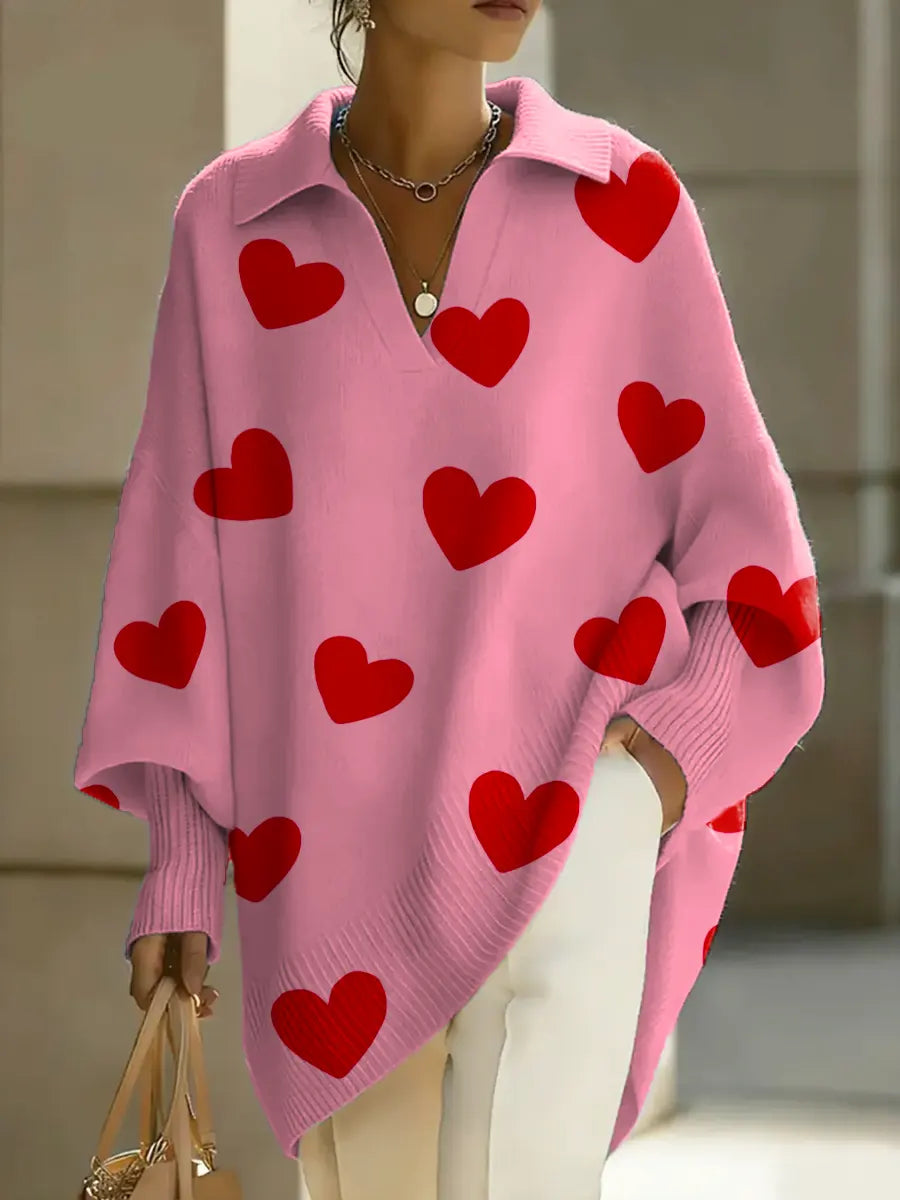 Women's Valentine's Day Heart Art Print Casual Knit Sweater