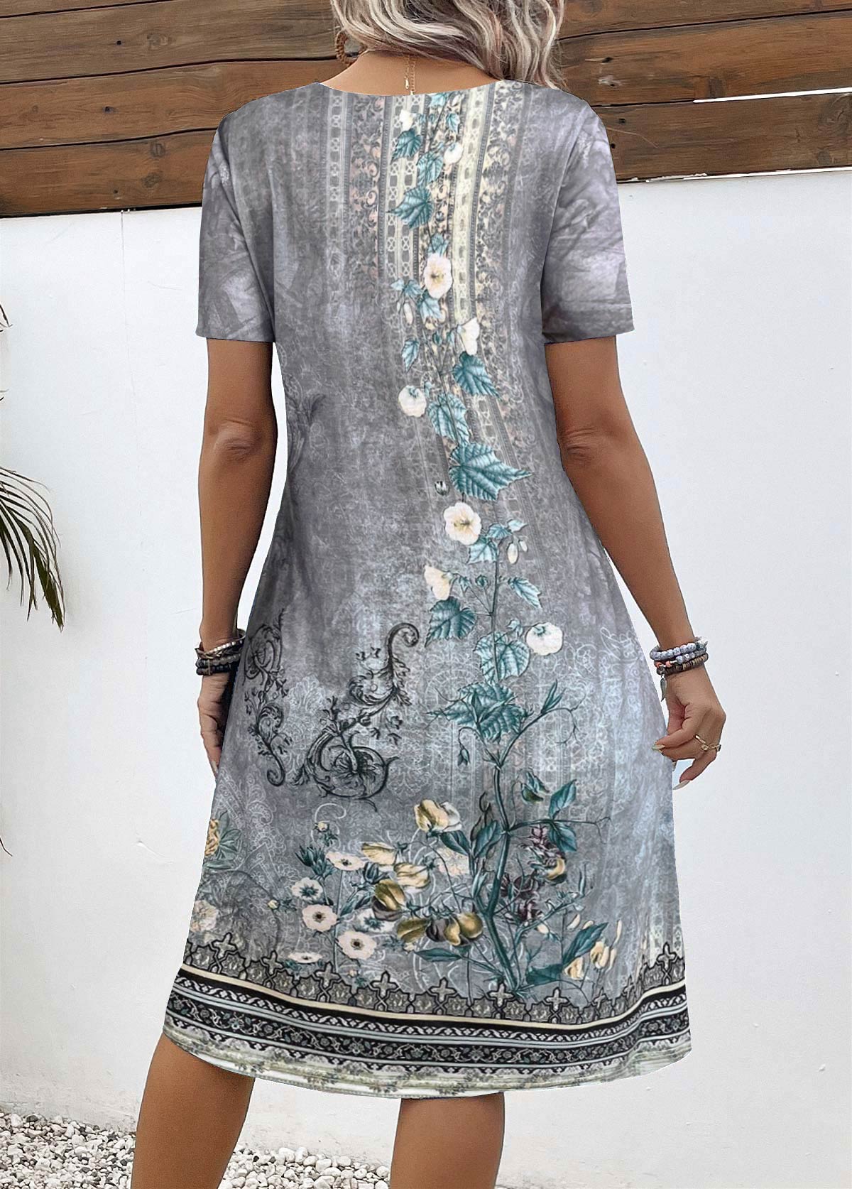 Grey Button Floral Print A Line Short Sleeve Dress