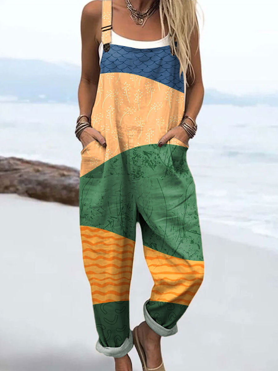 Women's Colorful Abstract Farmland Art Print Casual 100% Cotton Wide Leg Jumpsuit