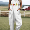 Women's Daisy Strawberry Sun Bee Embroidery Art Print Casual 100% Cotton Wide Leg Jumpsuit