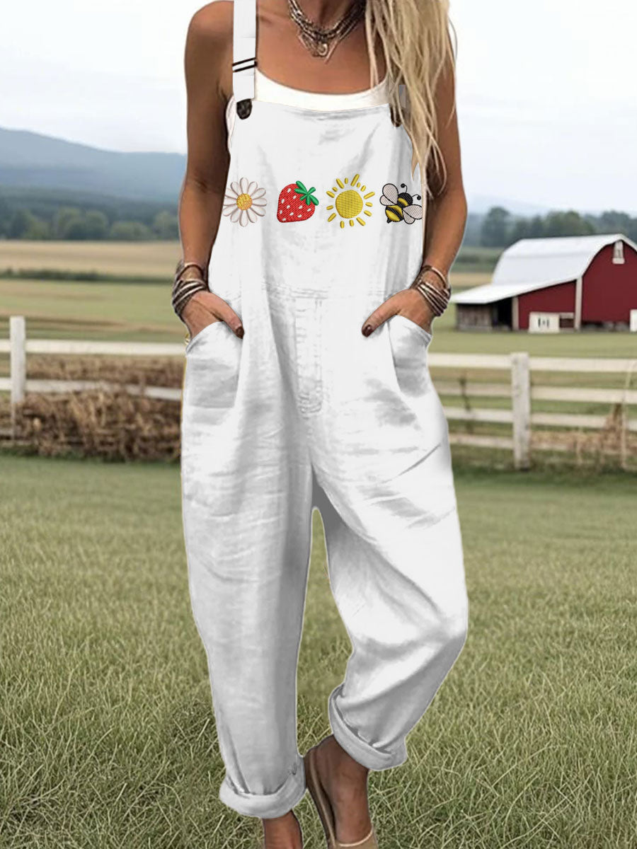 Women's Daisy Strawberry Sun Bee Embroidery Art Print Casual 100% Cotton Wide Leg Jumpsuit