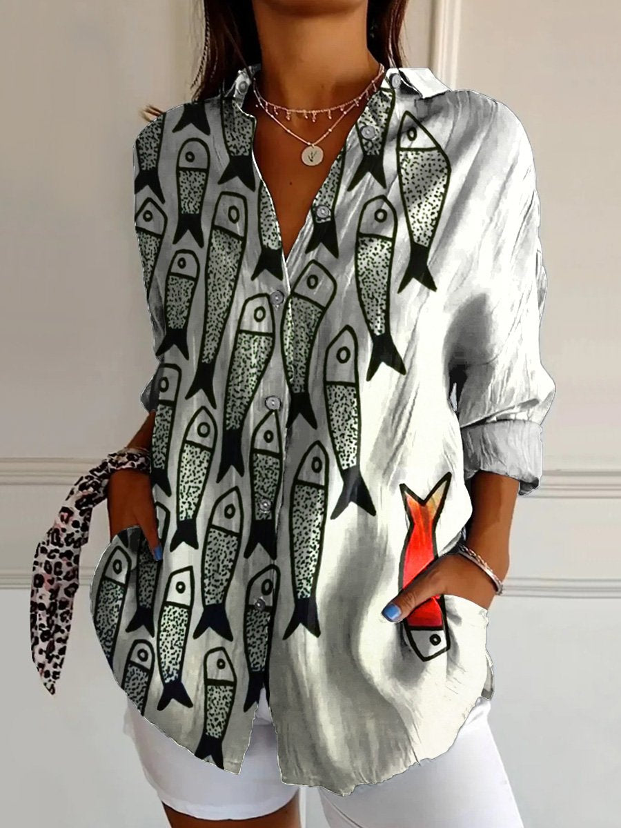 Be The Unique Fish Art Printed Women's Casual Cotton Shirt