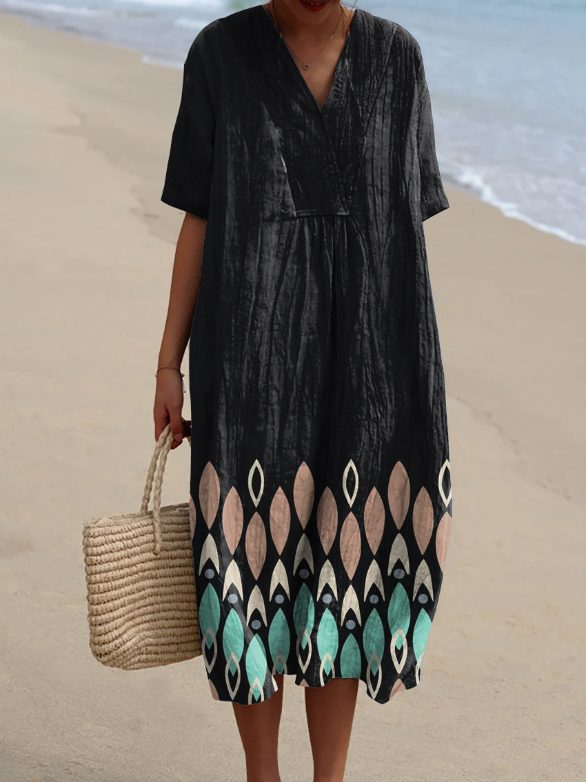 Women's Ethnic Oval Print Watercolor Splash Fluid Art Print Flowy Dress