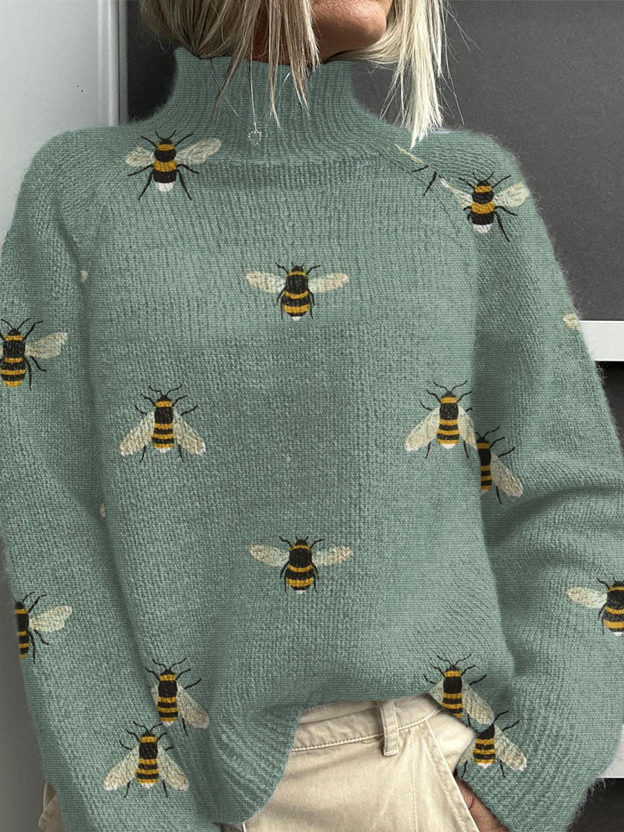 funny-bee-art-print-knit-turtleneck-pullover-sweater