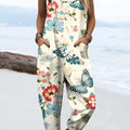 Women's Art Flower Butterfly Print Casual 100% Cotton Wide Leg Jumpsuit