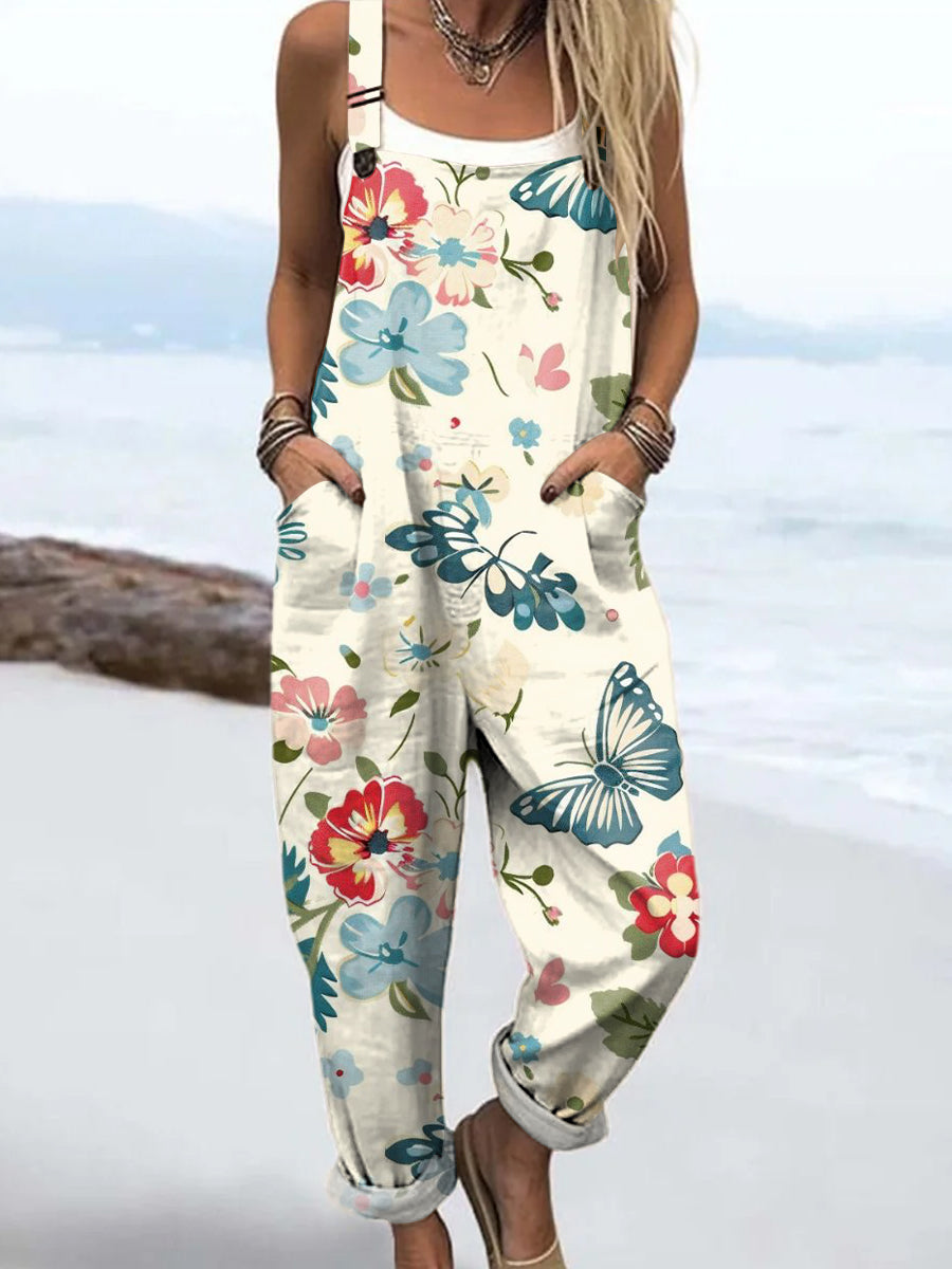 Women's Art Flower Butterfly Print Casual 100% Cotton Wide Leg Jumpsuit
