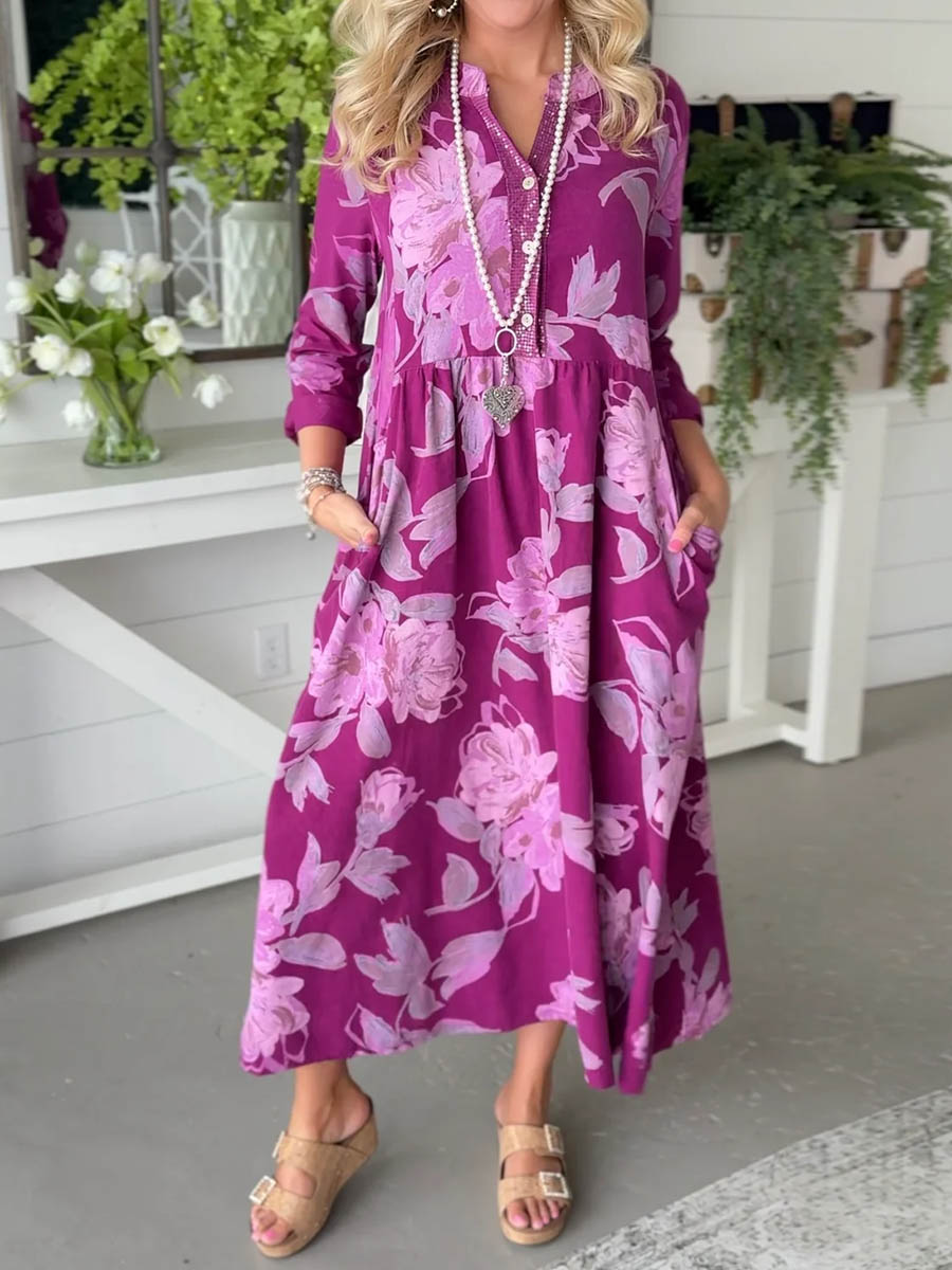 Women's Retro Print V-Neck Long Sleeve Casual Loose A-Line Dress