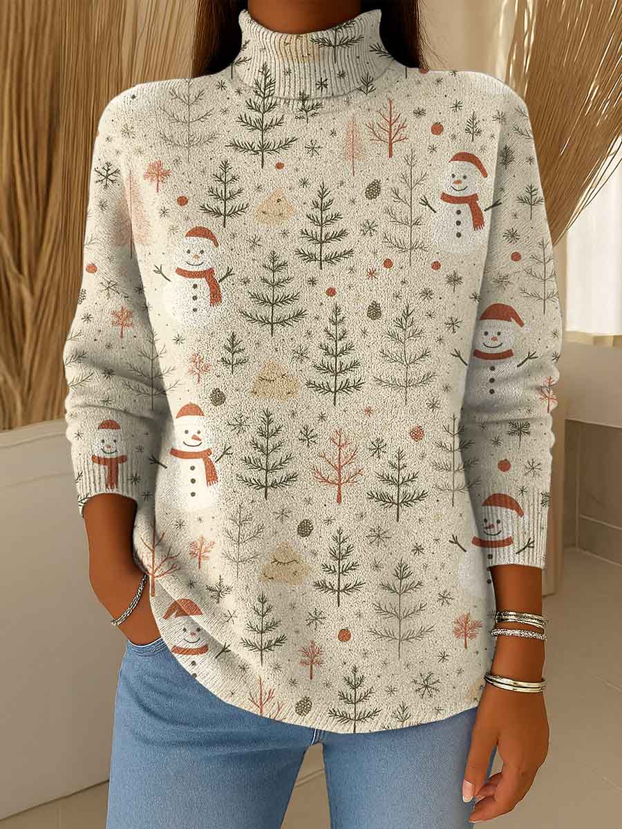 Women's Christmas Print Turtleneck Long Sleeve Casual Loose Pullover Sweater