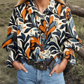 Women's Leaf Print Lapel Long Sleeve Pleated Casual Cotton and Linen Shirt