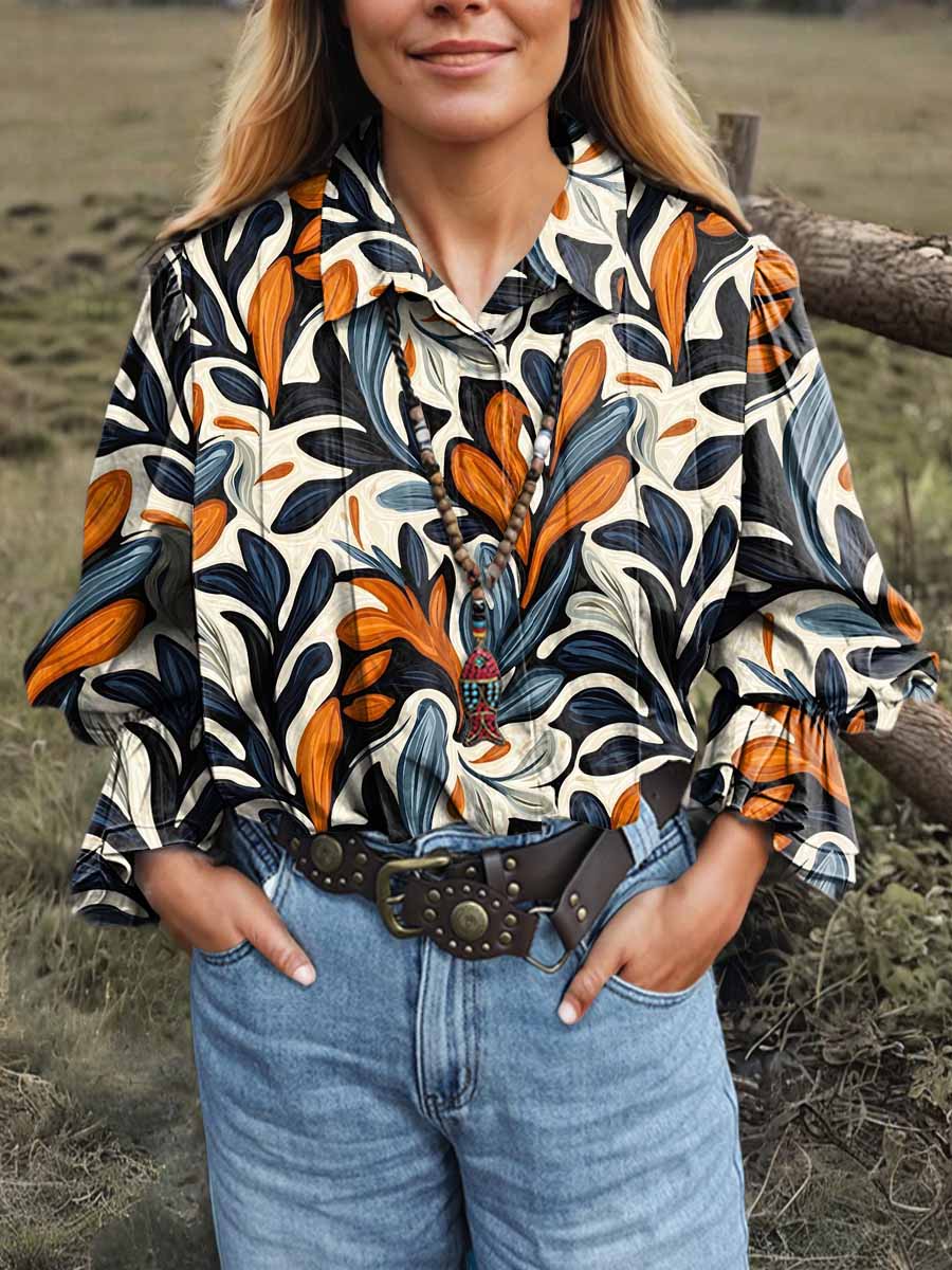 Women's Leaf Print Lapel Long Sleeve Pleated Casual Cotton and Linen Shirt