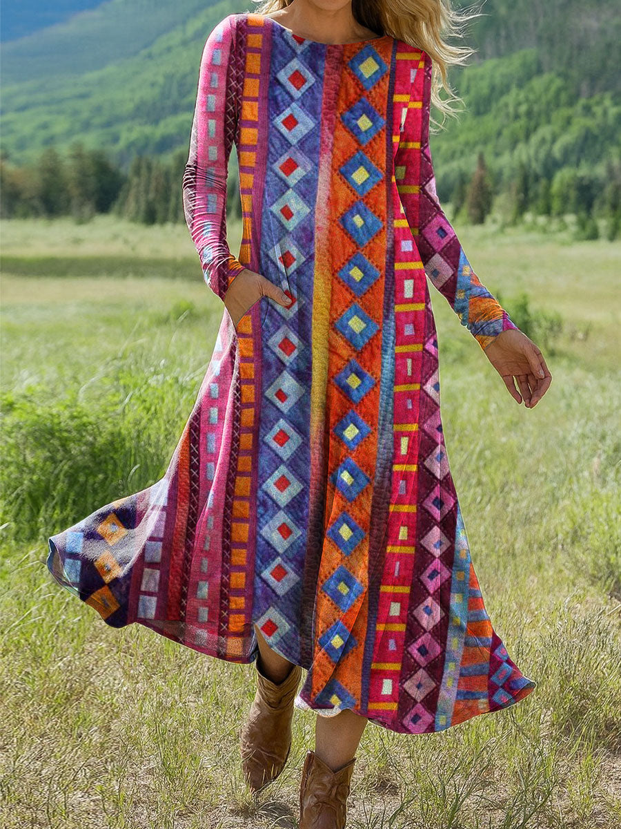 Women's Vintage Abstract Geometry  Art Print Long-sleeved Dress