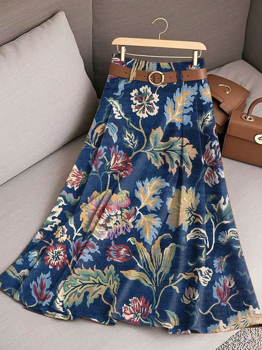 Women's Vintage Flower Art Print Cotton Skirt