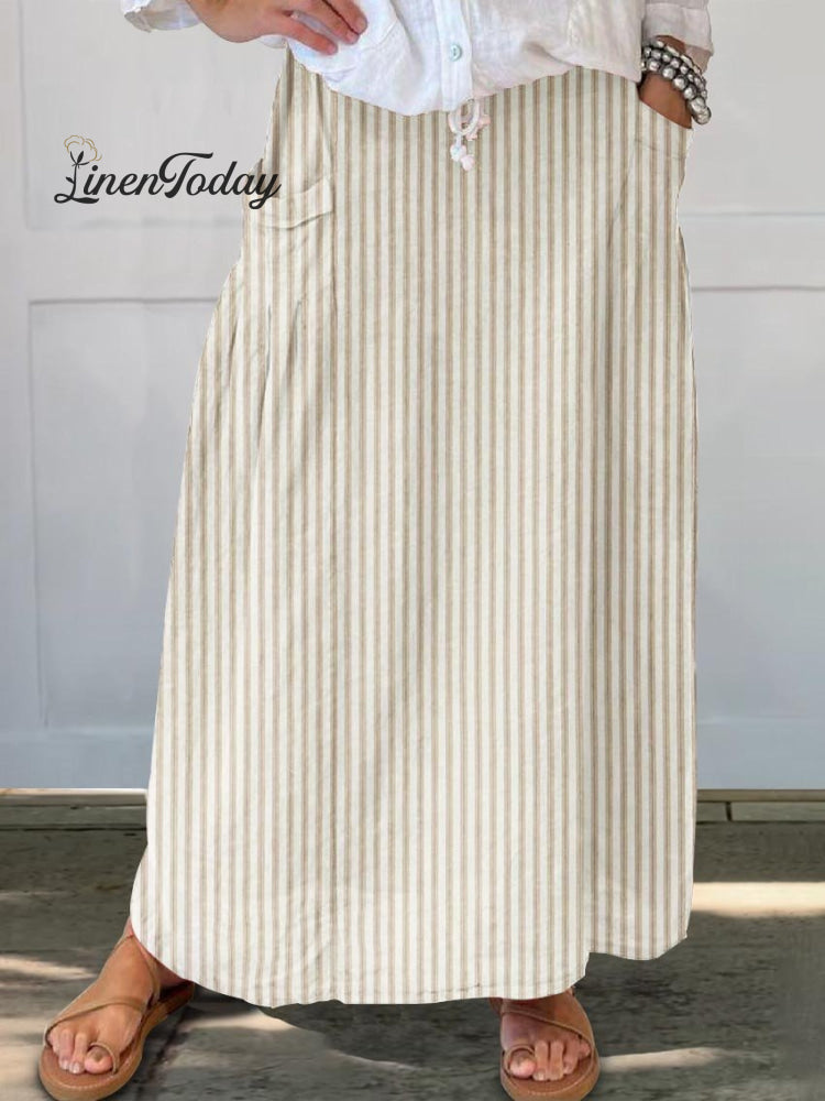 Women's Striped Abstract Geometry Art Pattern Print Linen Pocket Skirt