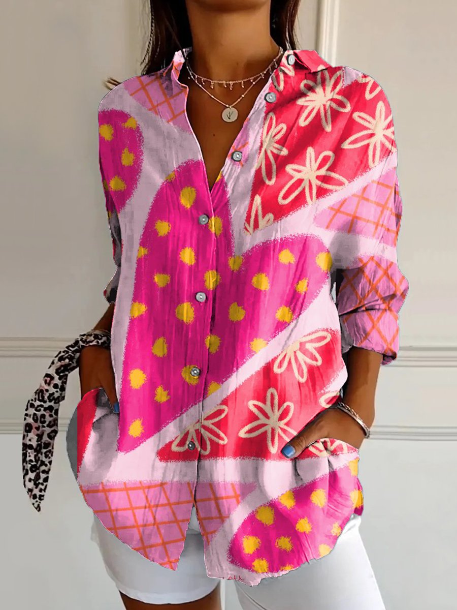 Women's Cartoon cute illustration Art Print Casual Cotton Shirt