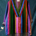 Multicolor Strip Pattern Printed Women's Casual Cotton And Linen V-neck Shirt