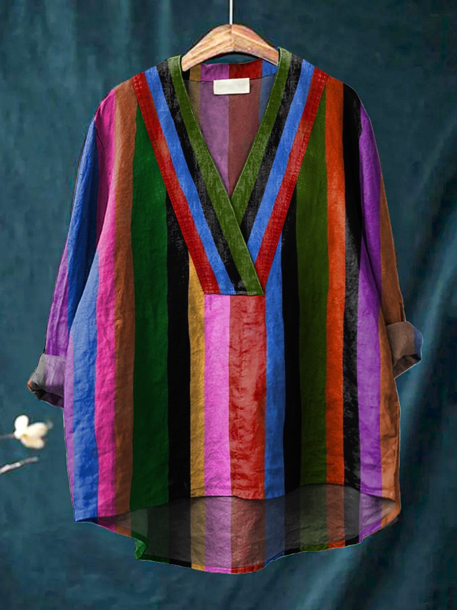 Multicolor Strip Pattern Printed Women's Casual Cotton And Linen V-neck Shirt