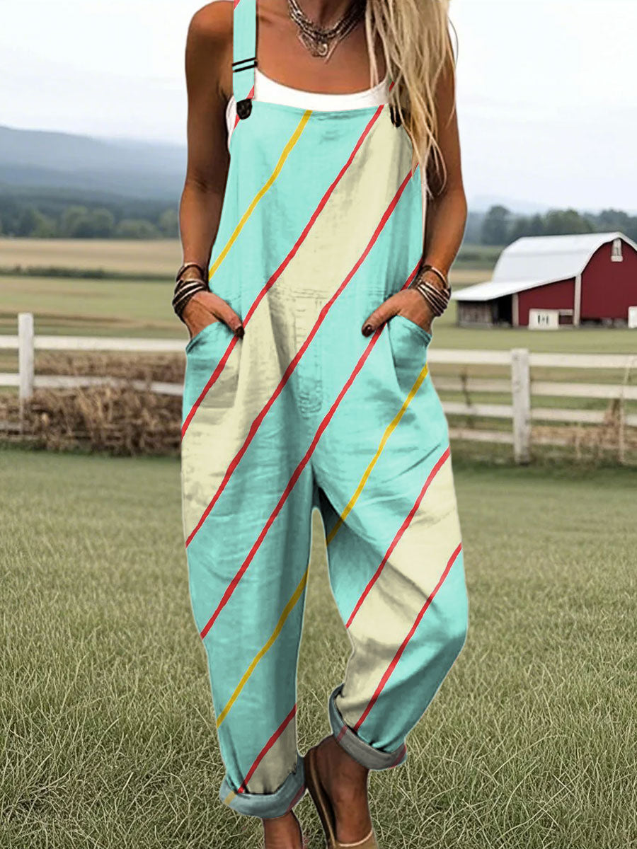 Women's Colorful Twill Abstract Art Pattern Print Casual 100% Cotton Jumpsuit