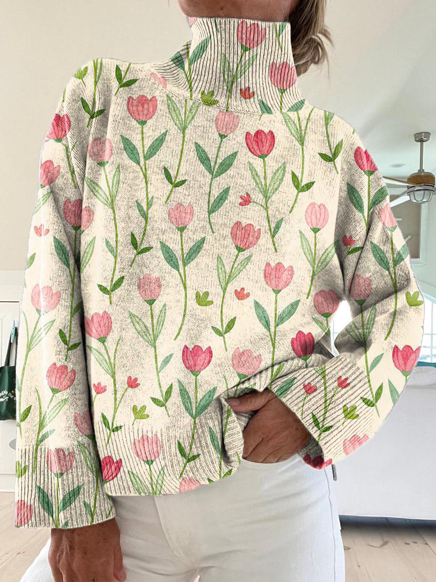 womens-lovely-floral-pattern-art-print-knit-turtleneck-pullover-sweater