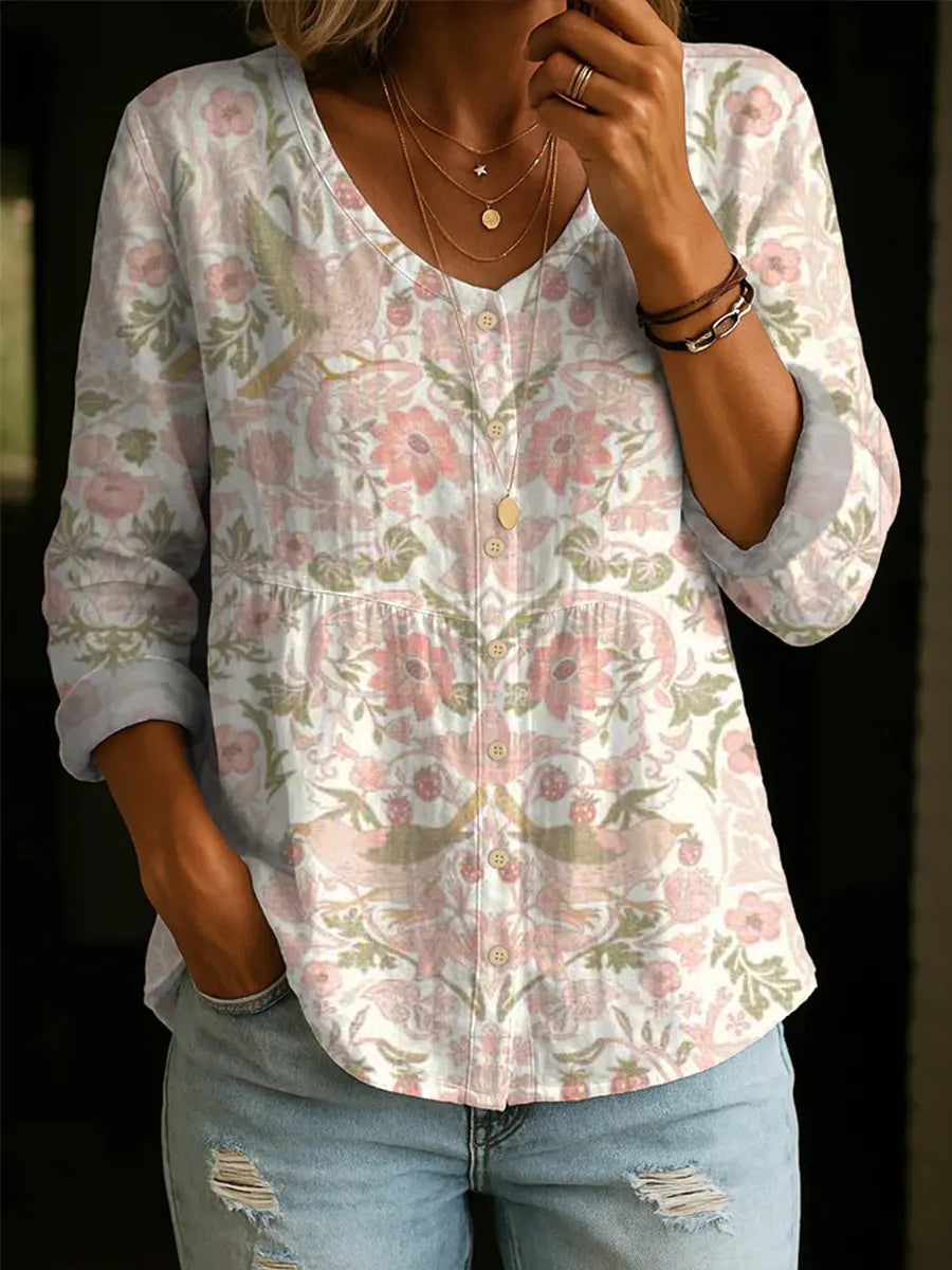 Women's Retro Floral Pattern Art Print Casual Cotton Shirt