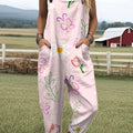 Women's  Vintage Flower Art Print Casual 100% Cotton Wide Leg Jumpsuit