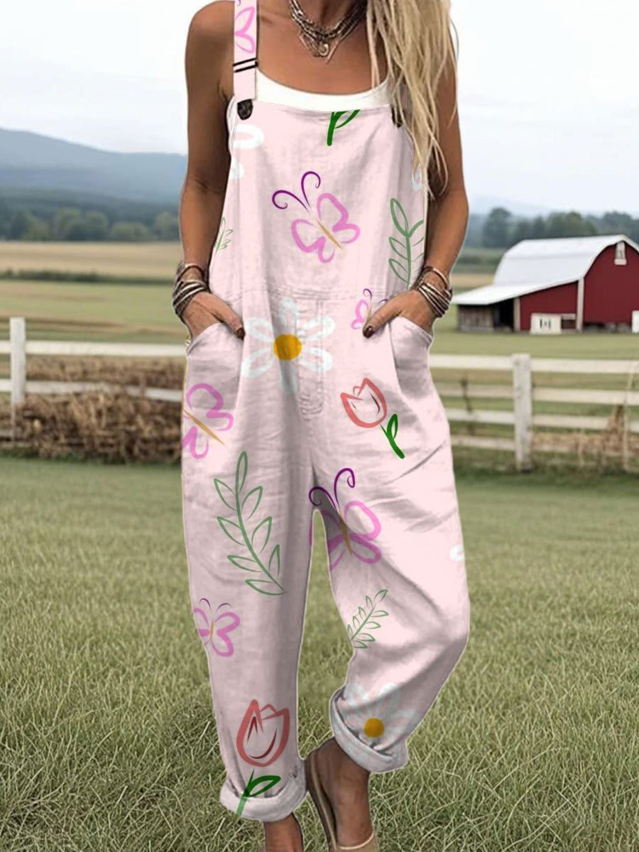 Women's  Vintage Flower Art Print Casual 100% Cotton Wide Leg Jumpsuit