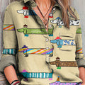 Women's Abstract Cute Colorful Dachshund Puppy Painting Art Print Casual Cotton And Linen Shirt