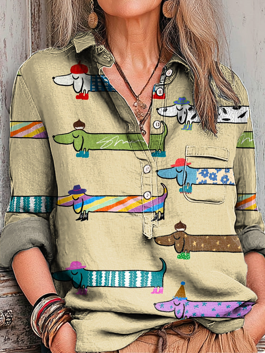 Women's Abstract Cute Colorful Dachshund Puppy Painting Art Print Casual Cotton And Linen Shirt