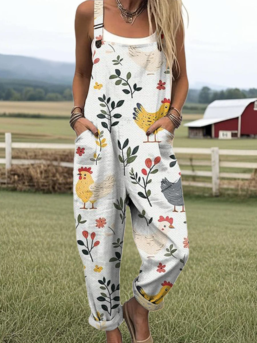 Women's Creative Cute Plant Chick Print Casual 100% Cotton Wide Leg Jumpsuit