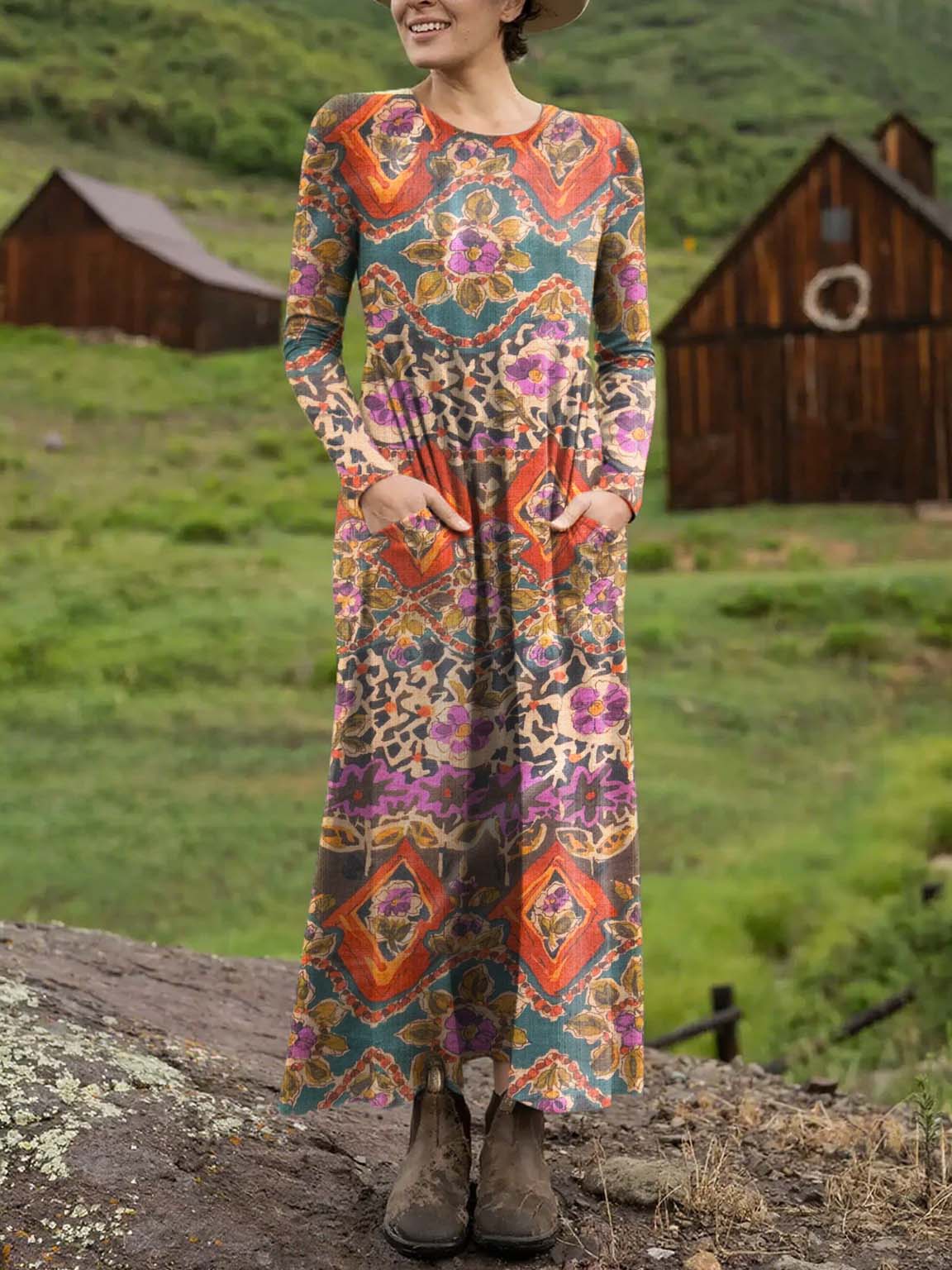 Women's Vintage Floral Art Print Casual Long-sleeved Dress