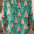 Women's Christmas Tree Art Print Buttoned Cardigan Sweater