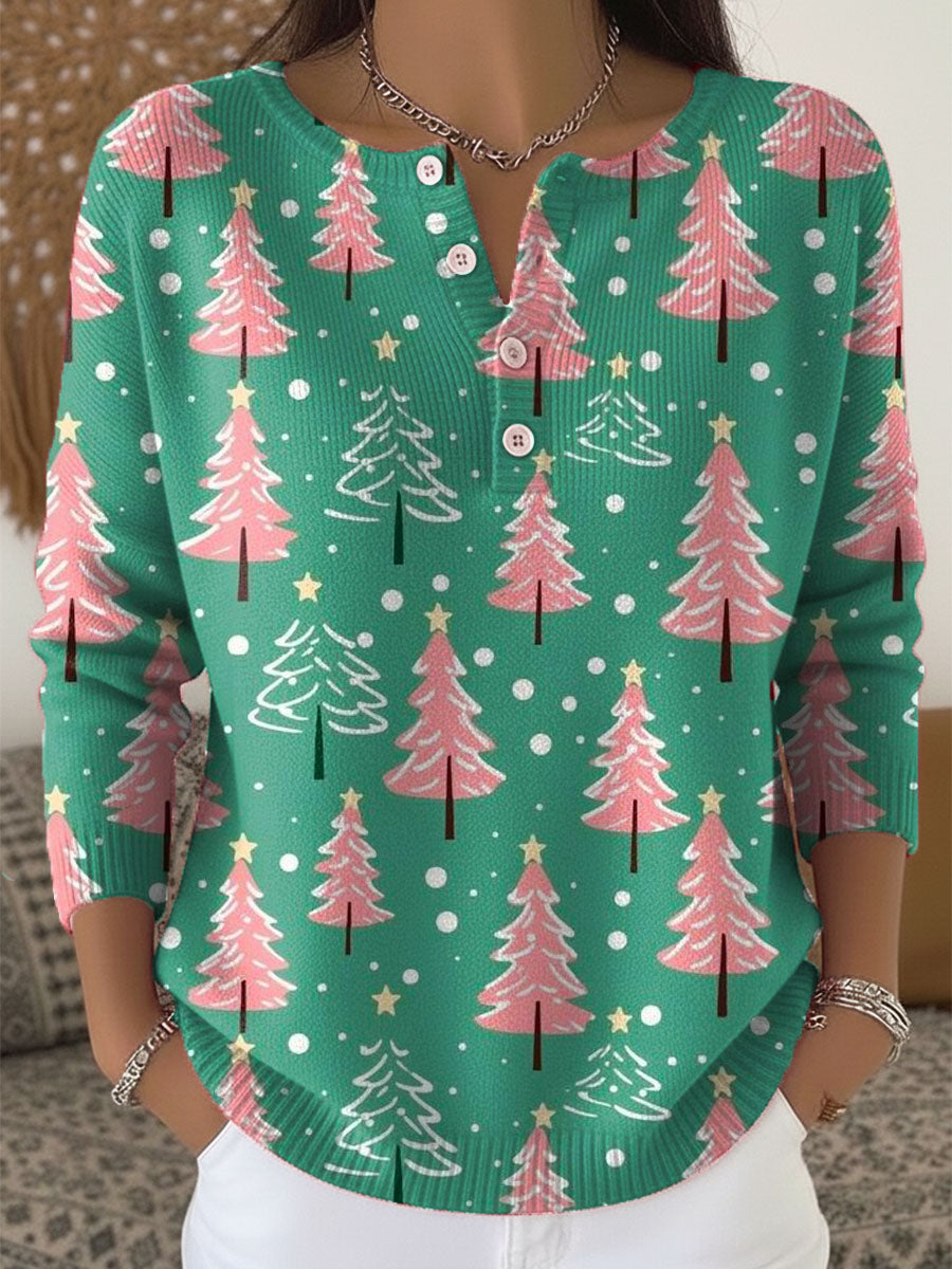 Women's Christmas Tree Art Print Buttoned Cardigan Sweater