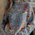 Women's Vintage Ethnic Floral Birds Art Print Knit Turtleneck Pullover Sweater