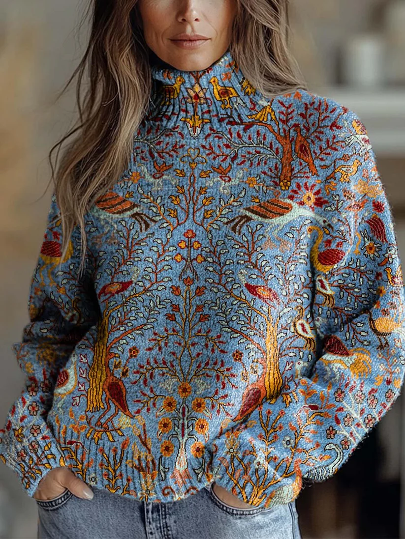 Women's Vintage Ethnic Floral Birds Art Print Knit Turtleneck Pullover Sweater
