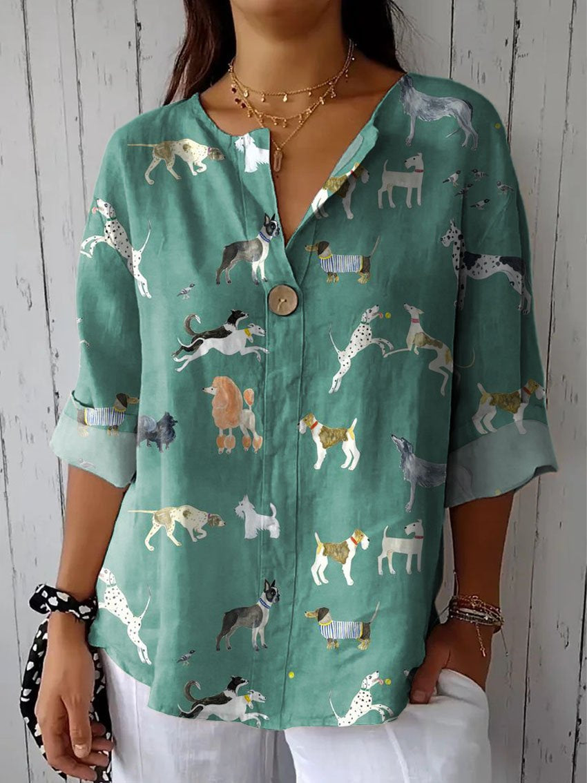Women's Vintage Lovely Dogs Art Print Casual Cotton Linen Shirt