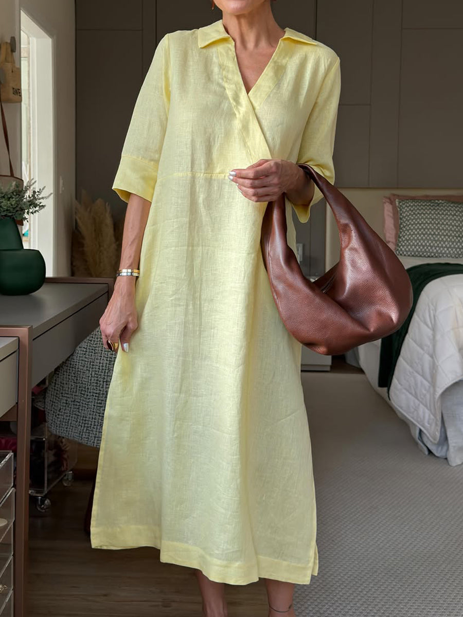 Women's Lapel V-Neck A-Line Loose Linen Midi Dress